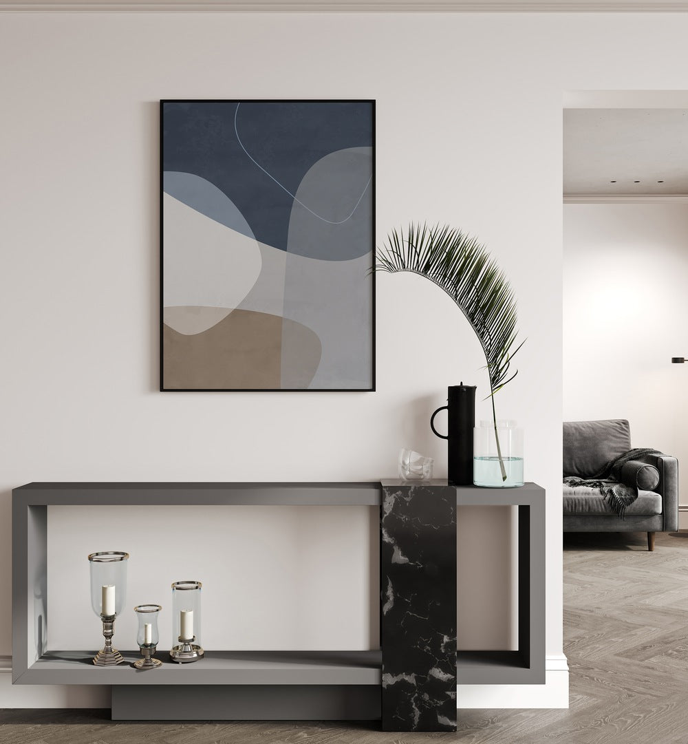 Graphic Reflections By Mareike Bohmer Abstract Art Abstract Paintings in Black Plain Frame placed on a White Colored Wall above a Console Table in the Drawing Room