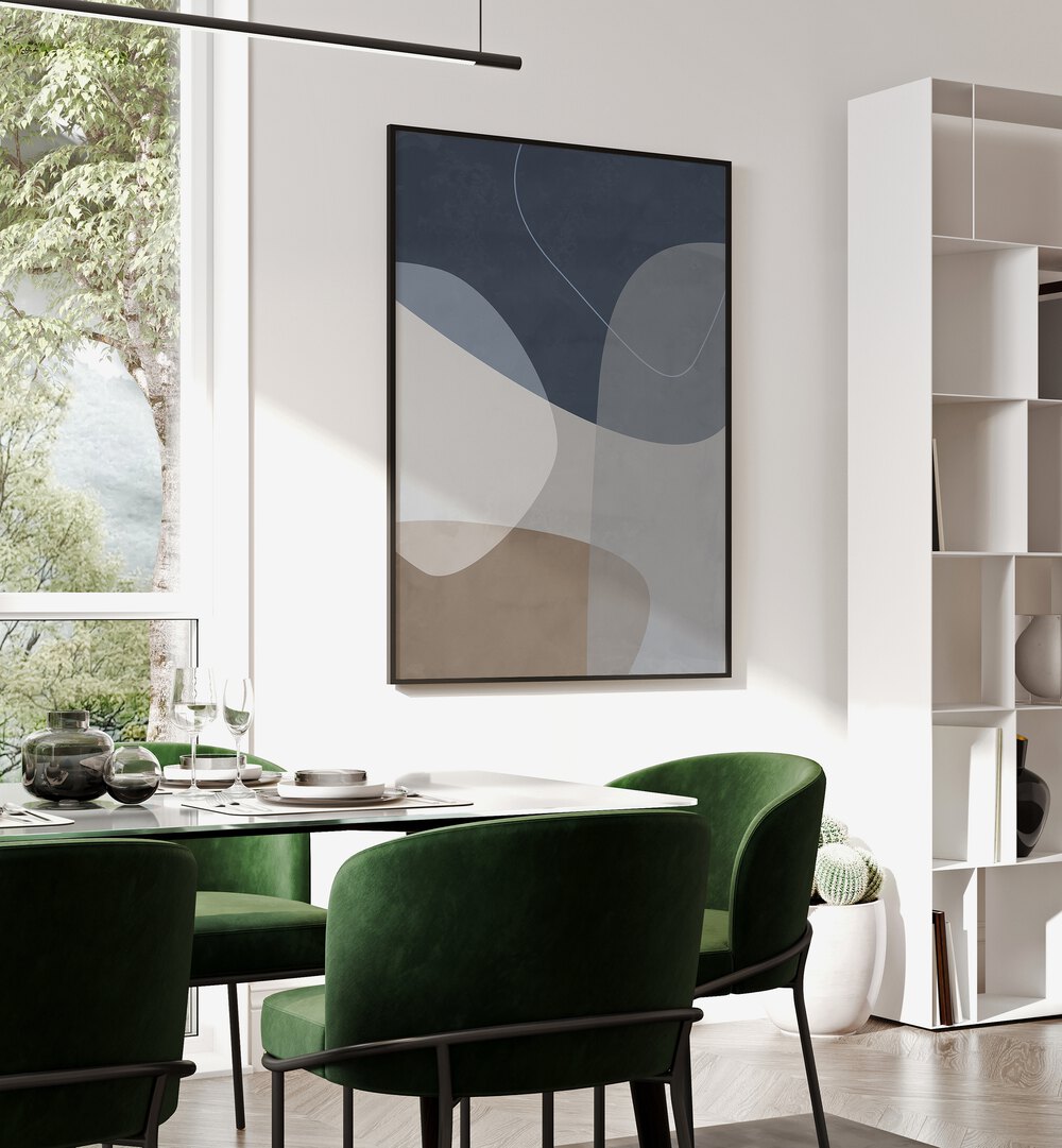 Graphic Reflections By Mareike Bohmer Abstract Art Abstract Paintings in Black Plain Frame placed on a White Colored Wall near a Dining Table in the Dining Room