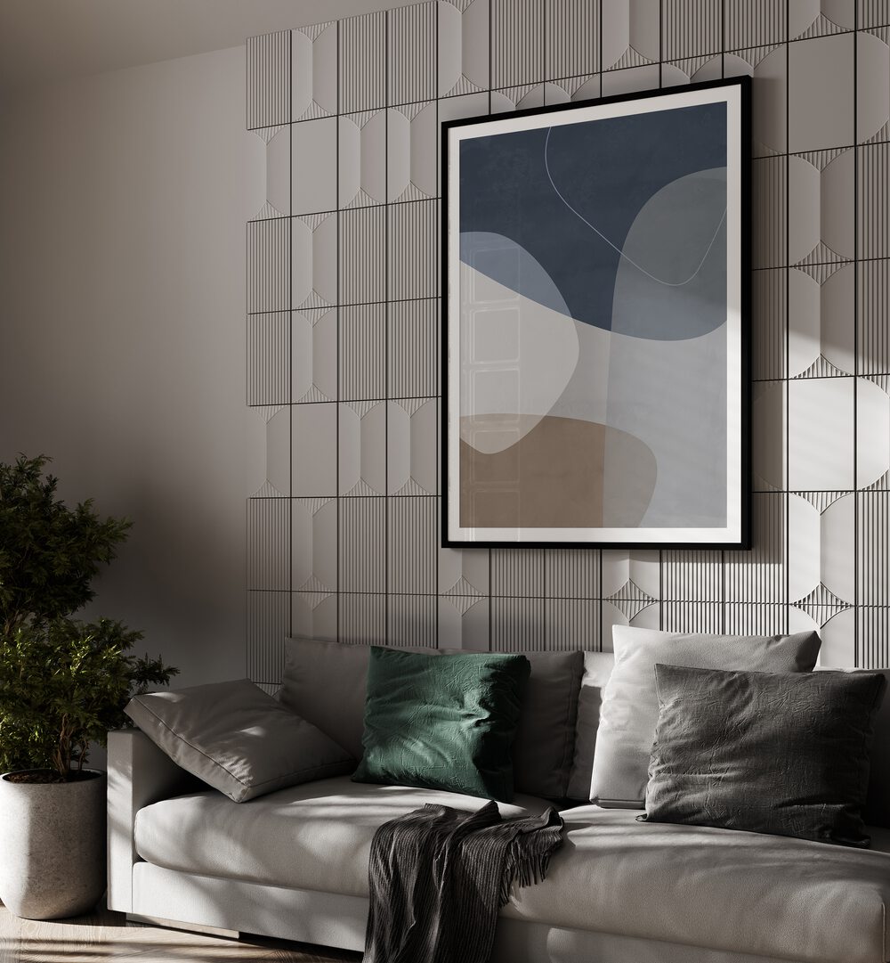 Graphic Reflections By Mareike Bohmer Abstract Art Abstract Paintings in Black Frame With Mount placed on a Grey Textured Wall near a Grey Sofa in the Living Room