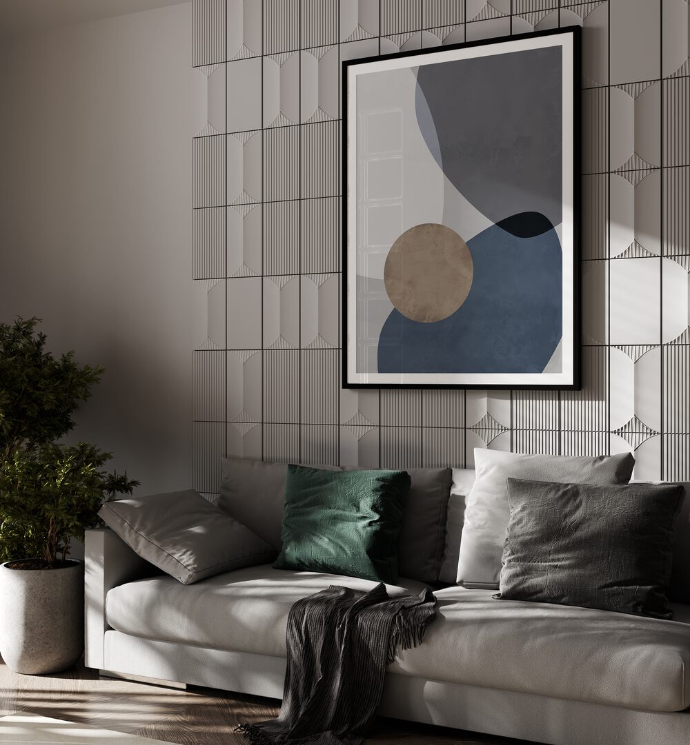 Graphic Reflections II By Mareike Bohmer Abstract Art Abstract Paintings in Black Frame With Mount placed on a Grey Textured Wall near a Grey Sofa in the Living Room