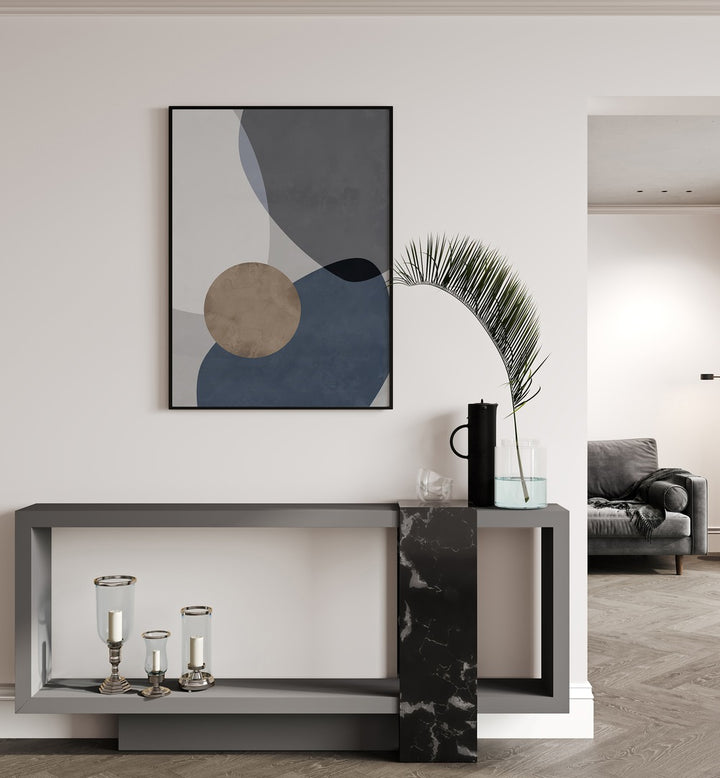 Graphic Reflections II By Mareike Bohmer Abstract Art Abstract Paintings in Black Plain Frame placed on a White Colored Wall above a Console Table in the Drawing Room