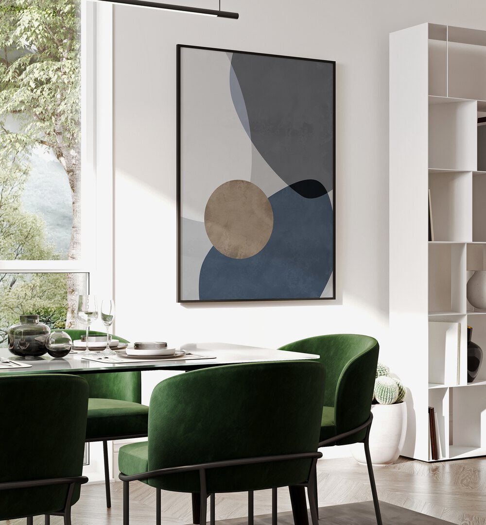 Graphic Reflections II By Mareike Bohmer Abstract Art Abstract Paintings in Black Plain Frame placed on a White Colored Wall near a Dining Table in the Dining Room