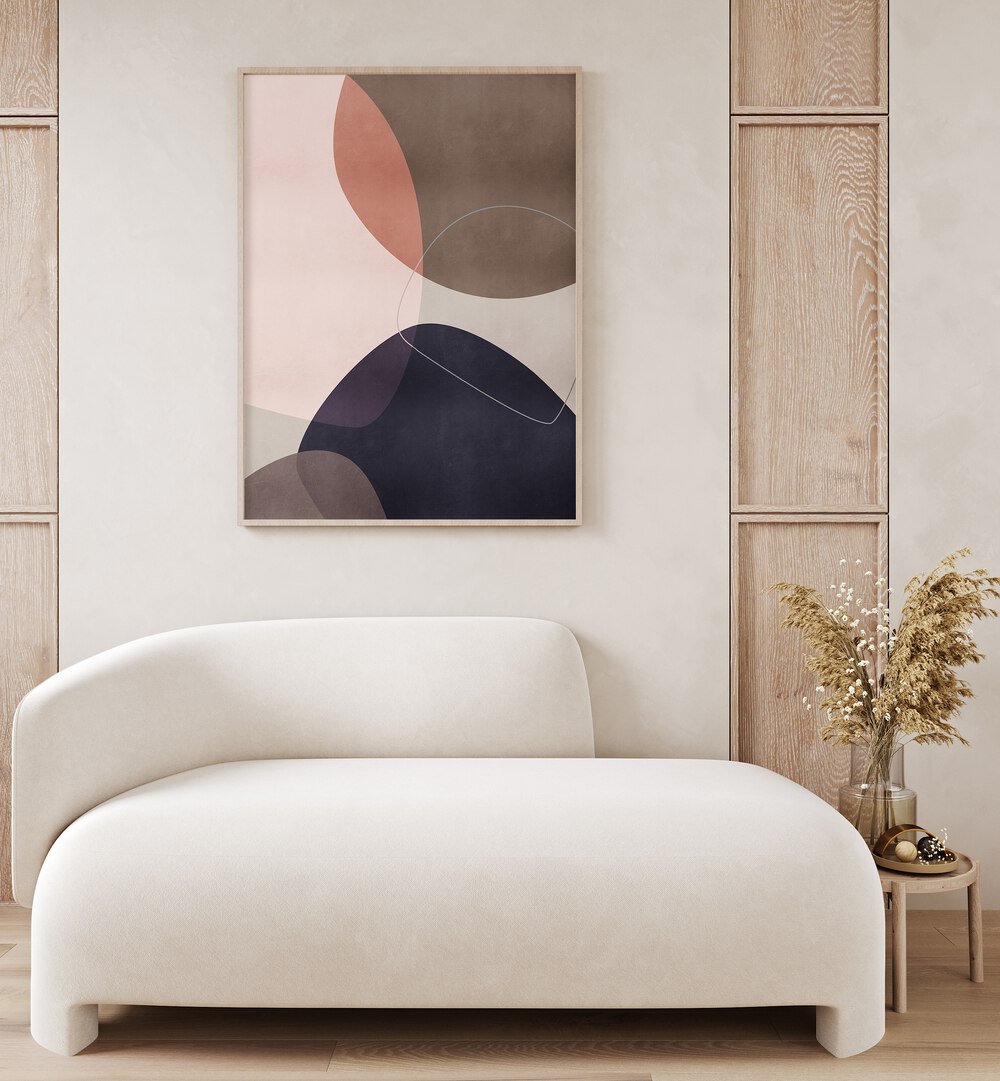 Graphic Sands By Mareike Bohmer Abstract Art Abstract Paintings in Oak Wood Plain Frame placed on a Cream Colored Wall near a White Sofa in the Living Room