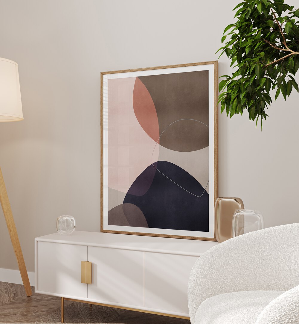 Graphic Sands By Mareike Bohmer Abstract Art Abstract Paintings in Oak Wood Frame With Mount placed on a Console Table near a Cream Colored Wall in the Drawing Room