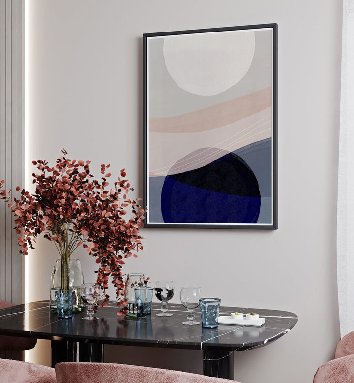 Graphic Tides By Mareike Bohmer Abstract Art Abstract Paintings in Black Plain Frame placed on a White Colored Wall near a Dining Table in the Dining Room