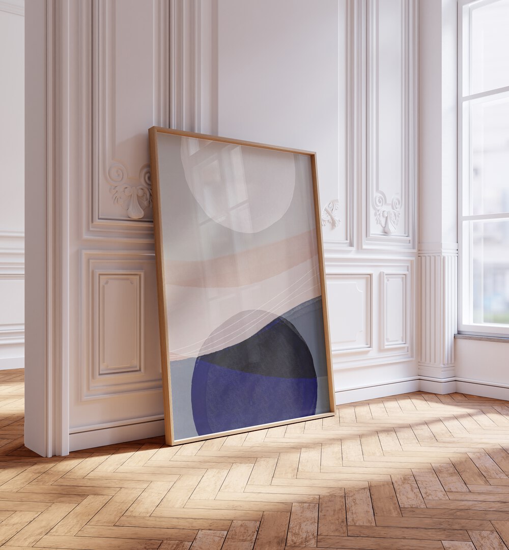 Graphic Tides By Mareike Bohmer Abstract Art Abstract Paintings in Oak Wood Plain Frame placed on the floor near a White Colored Wall in the Drawing Room