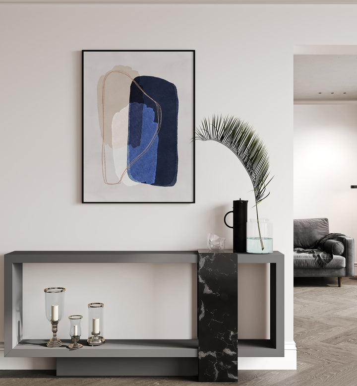 Graphic Tranquil By Mareike Bohmer Abstract Art Abstract Paintings in Black Plain Frame placed on a White Colored Wall above a Console Table in the Drawing Room 