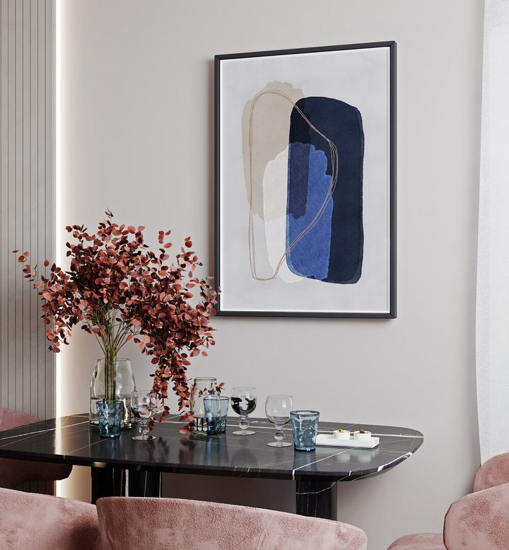 Graphic Tranquil By Mareike Bohmer Abstract Art Abstract Paintings in Black Plain Frame placed on a White Colored Wall near a Dining Table in the Dining Room