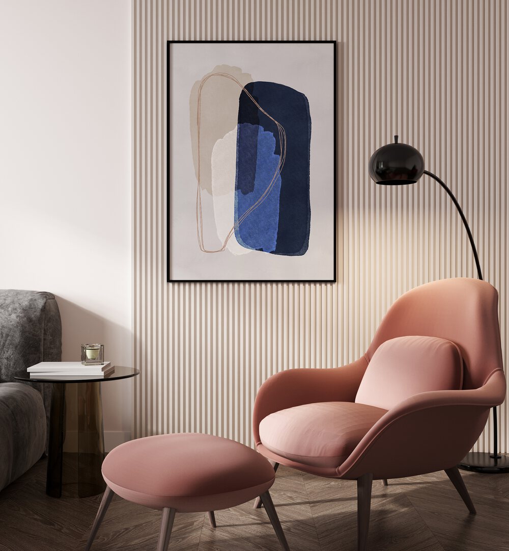 Graphic Tranquil By Mareike Bohmer Abstract Art Abstract Paintings in Black Plain Frame placed on a Beige Colored Striped Wall in the Drawing Room