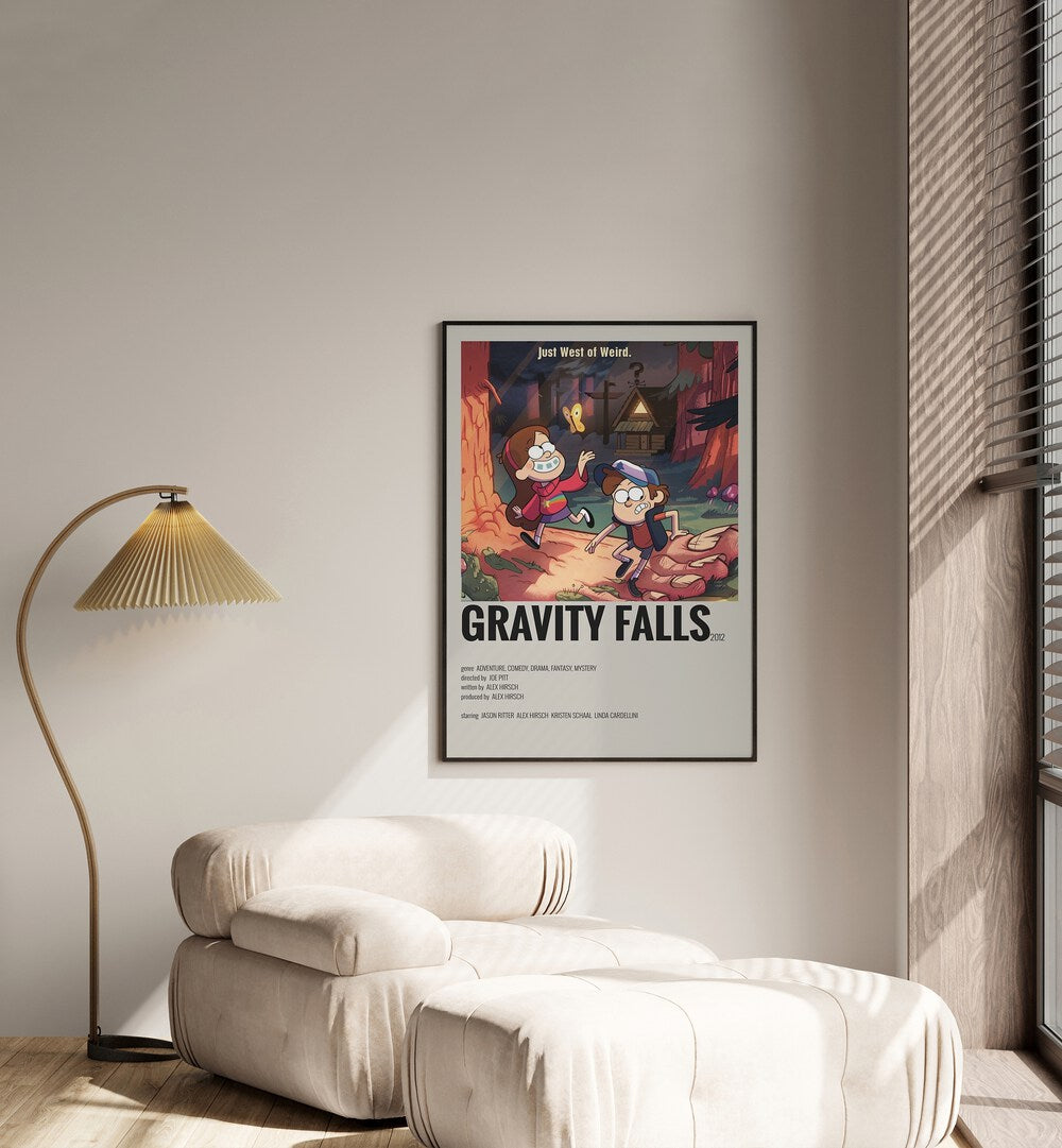 Gravity Falls Movie Posters in Black Plain Frame placed on a white wall beside a window and behind a sofa