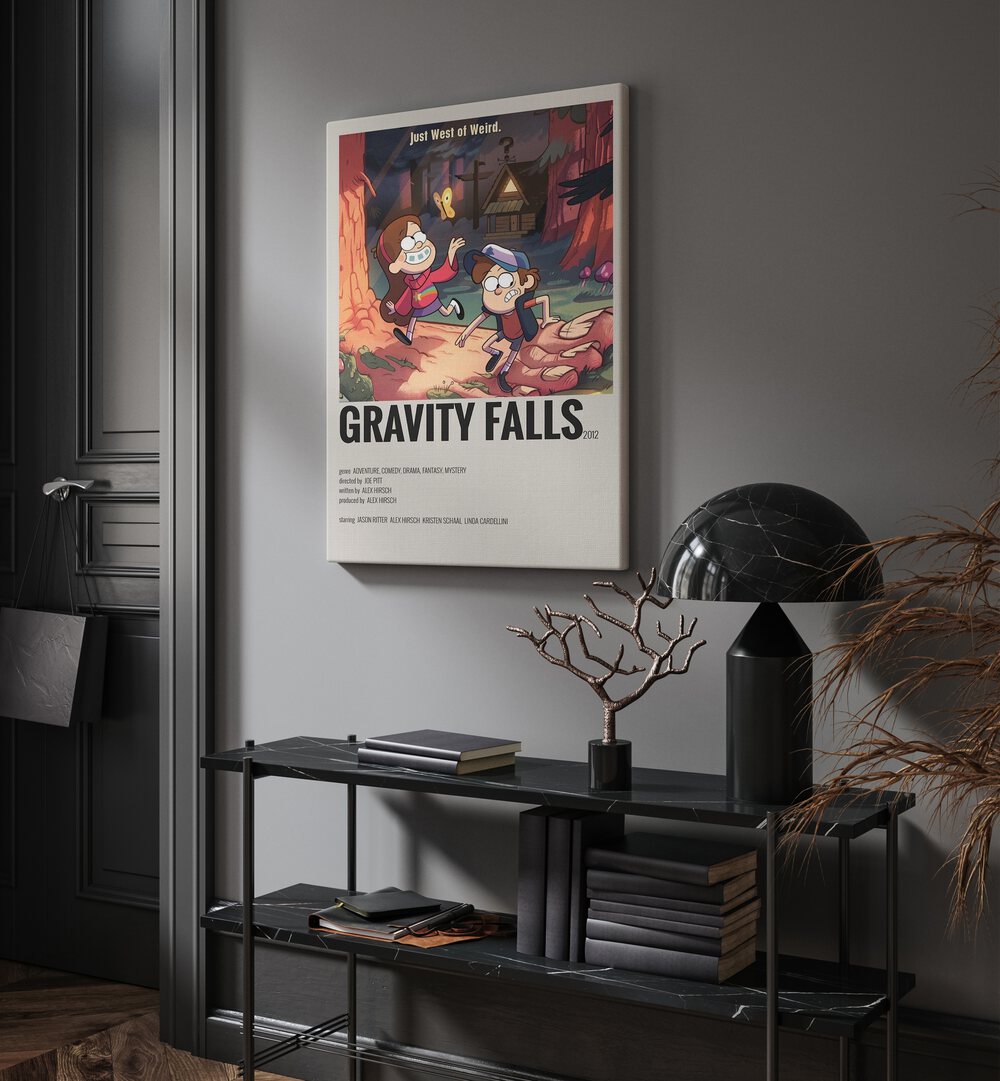 Gravity Falls Movie Posters in Gallery Wrap placed on a wall behind a table and beside a door