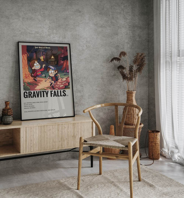 Gravity Falls Movie Posters in Black Plain Frame placed on a console behind a chair