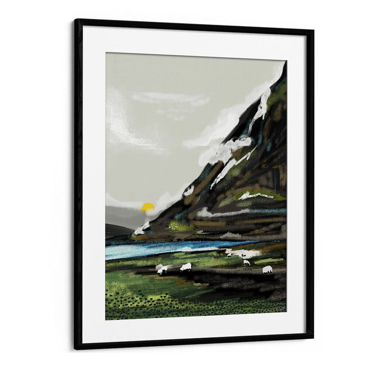 Graze By Uma Gokhale Landscape Paintings in Black Frame With Mount