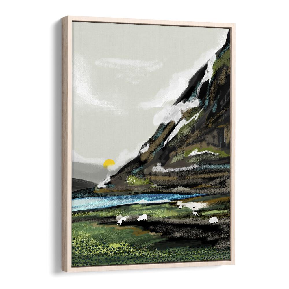 Graze By Uma Gokhale Landscape Paintings in Oak Wood Floater Frame