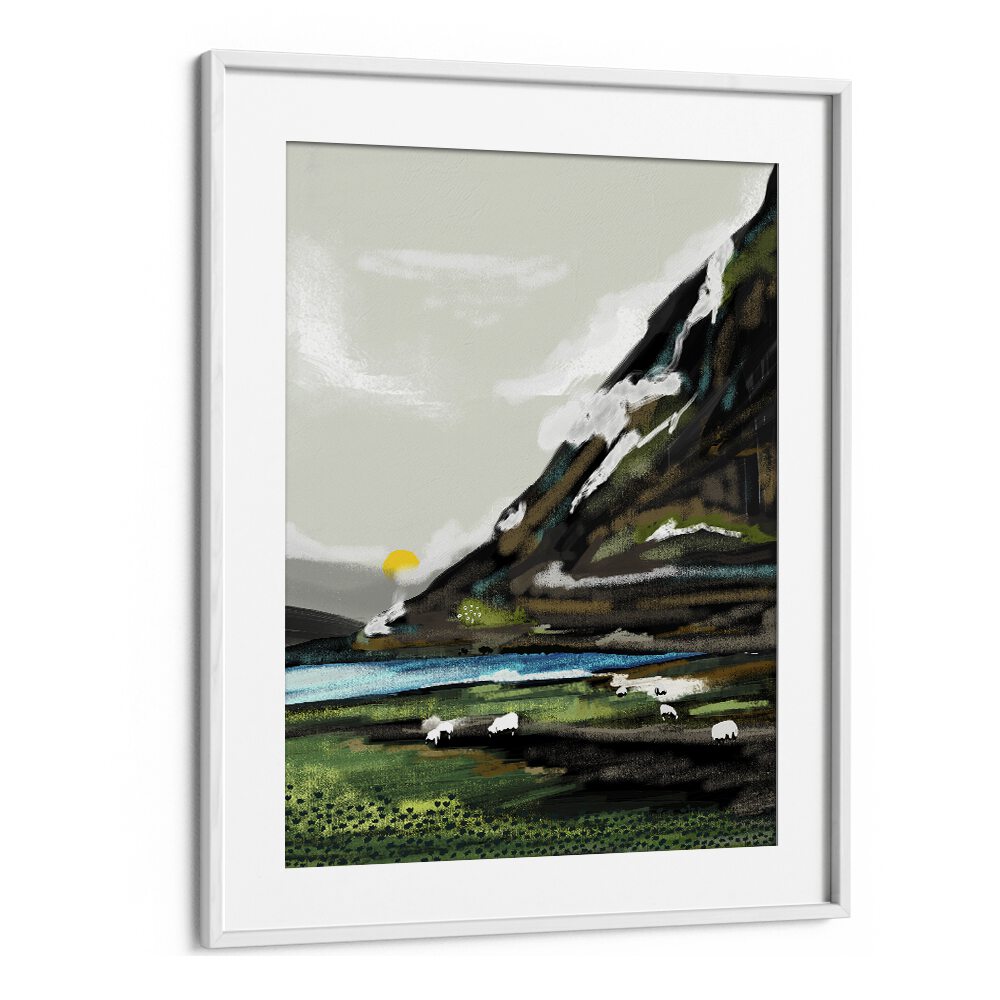 Graze By Uma Gokhale Landscape Paintings in White Frame With Mount