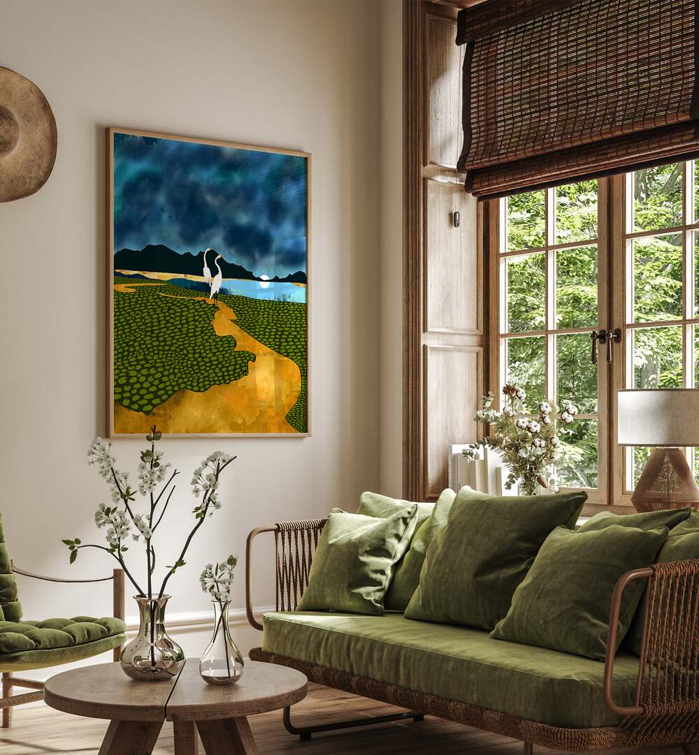 Great Egrets On Honeymoon Island By Uma Gokhale Landscape Art Prints in Oak Wood Plain Frame on a beige wall beside a sofa for living room