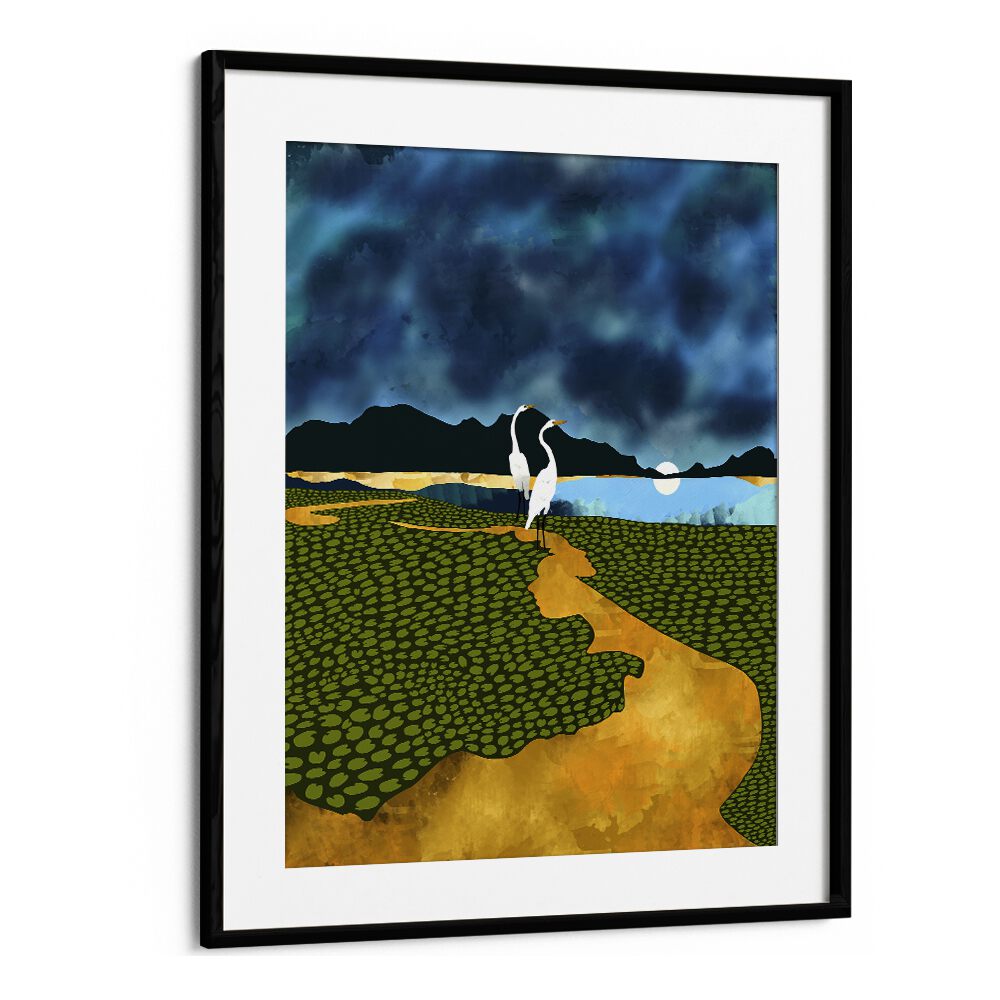 Great Egrets On Honeymoon Island By Uma Gokhale Landscape Art Prints in Black Frame With Mount