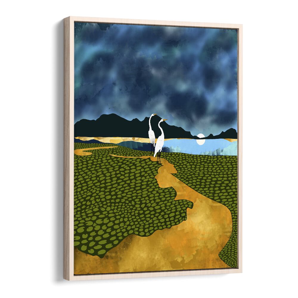 Great Egrets On Honeymoon Island By Uma Gokhale Landscape Art Prints in Oak Wood Floater Frame