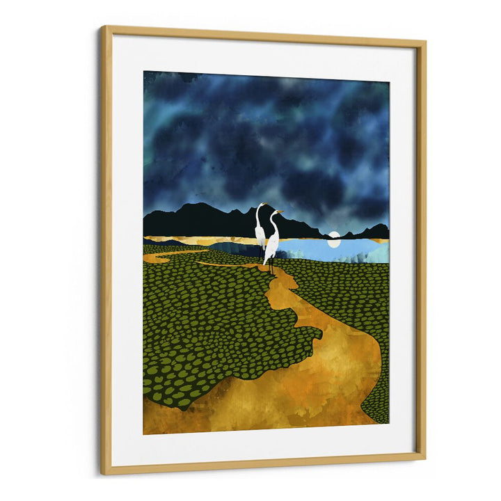 Great Egrets On Honeymoon Island By Uma Gokhale Landscape Art Prints in Oak Wood Frame With Mount