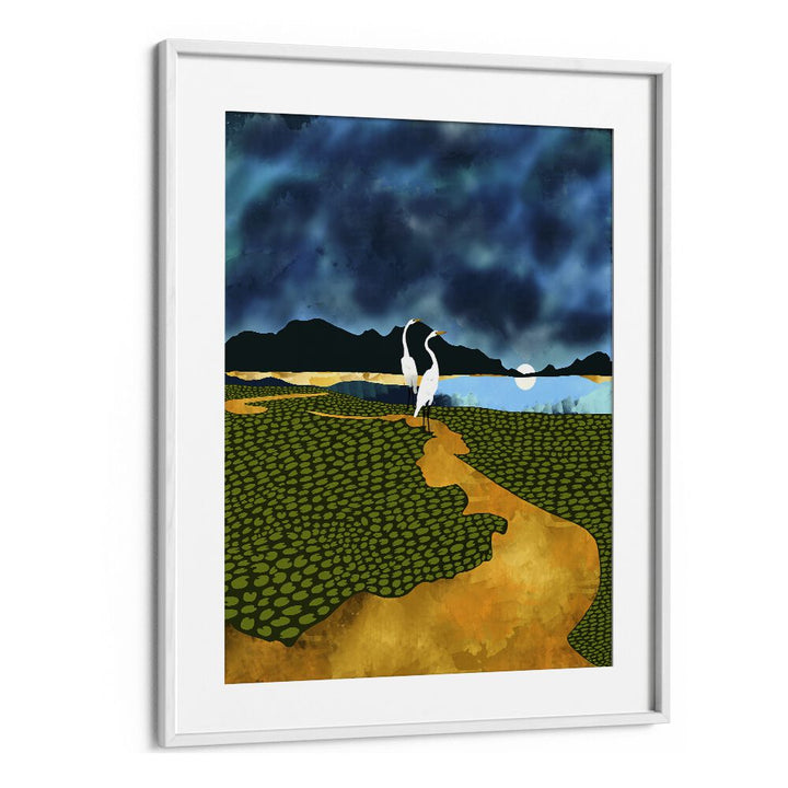 Great Egrets On Honeymoon Island By Uma Gokhale Landscape Art Prints in White Frame With Mount