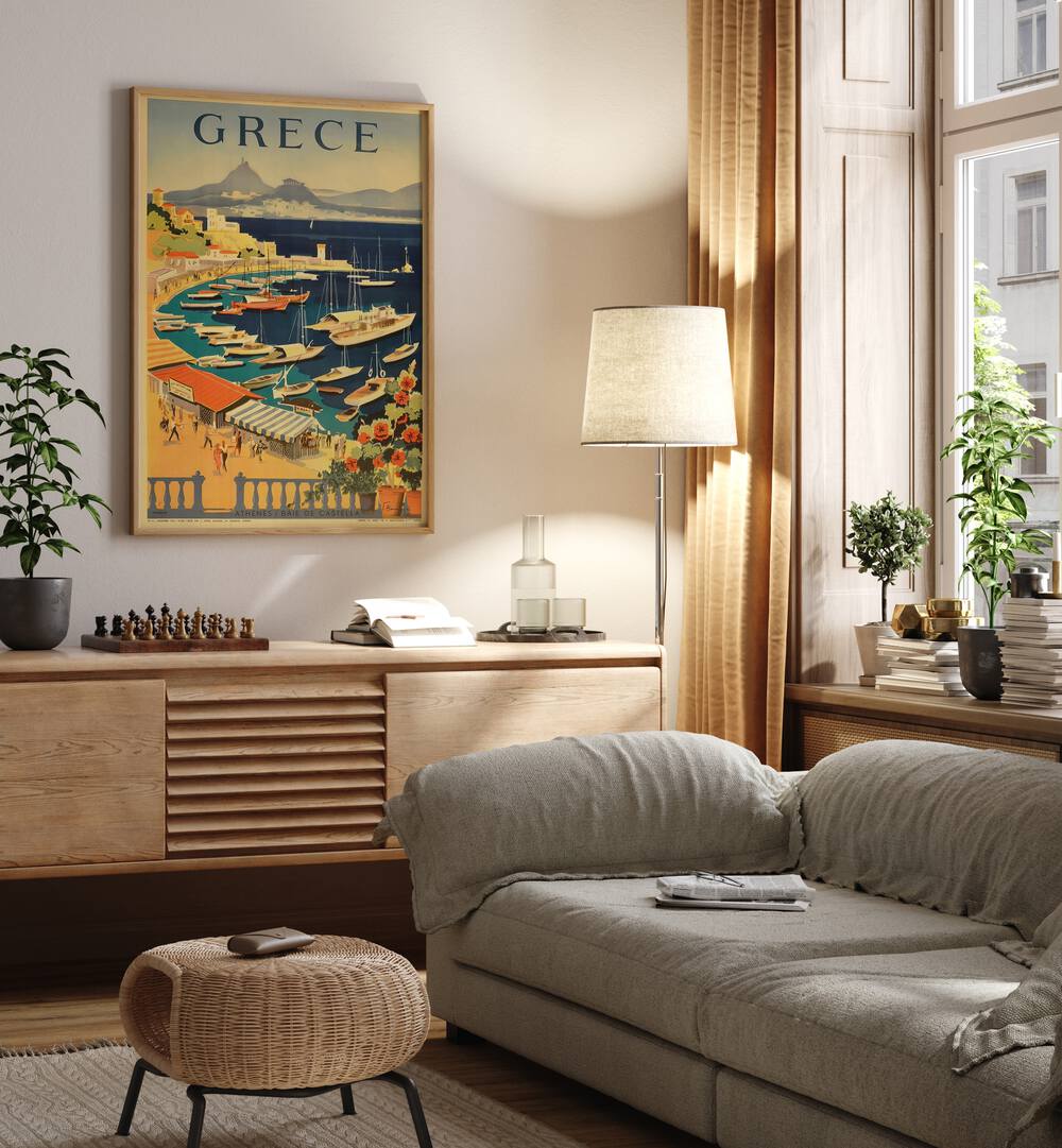 Grece Retro Vintage Travel Travel Posters in Oak Wood Plain Frame on a wall above a study table beside a lamp