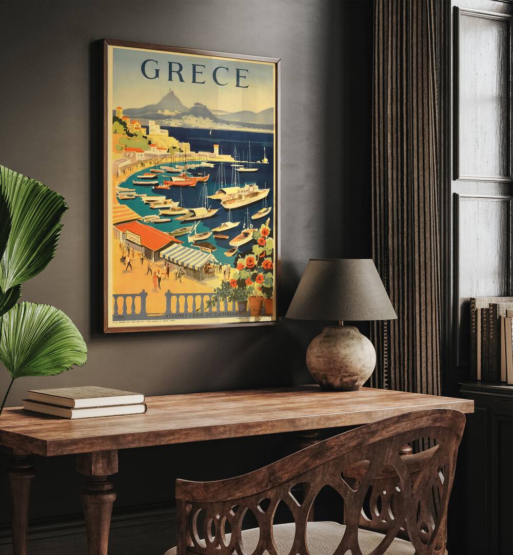 Grece Retro Vintage Travel Travel Posters in Dark Wood Plain Frame on a wall above a study table beside a lamp