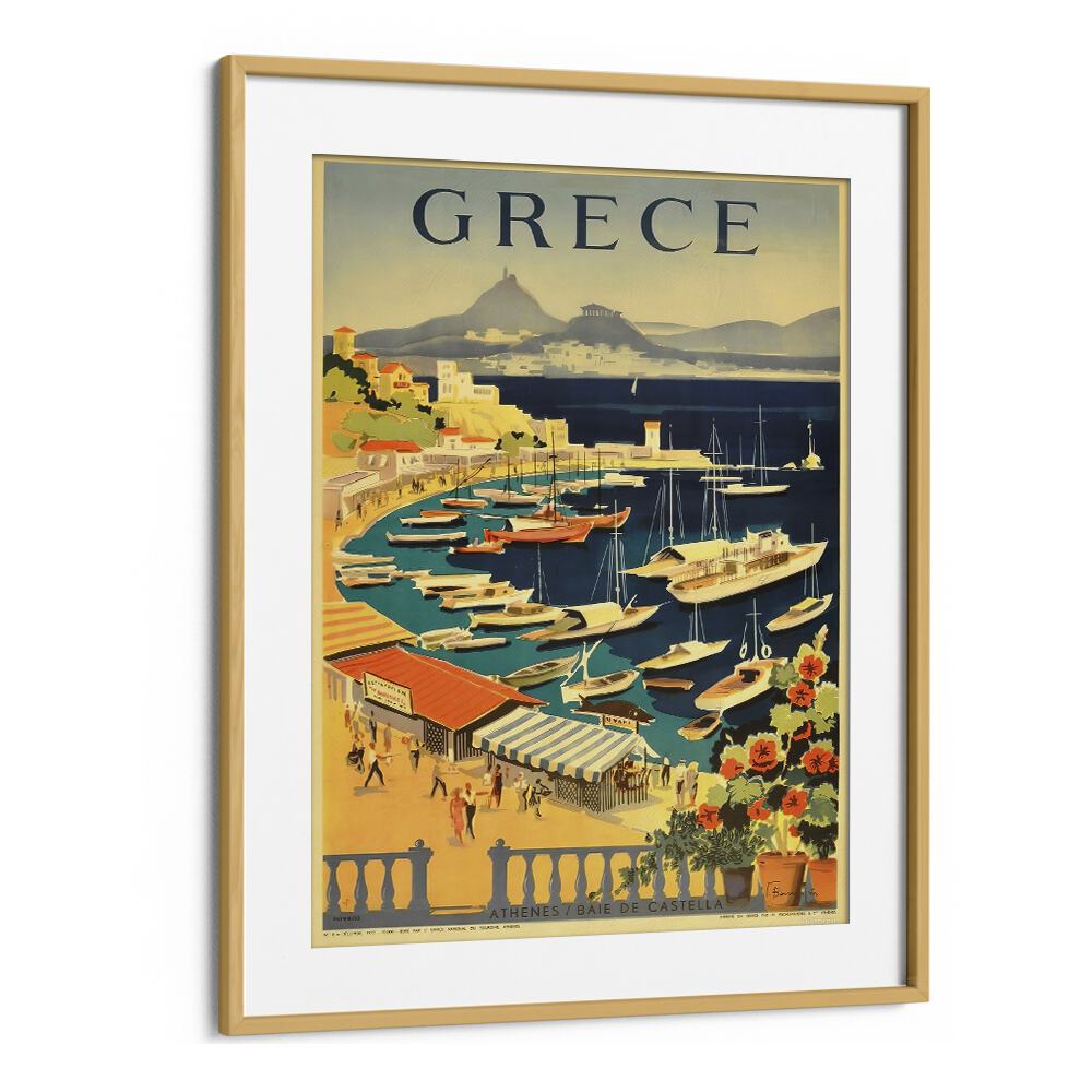 Grece Retro Vintage Travel Travel Posters in Oak Wood Frame With Mount