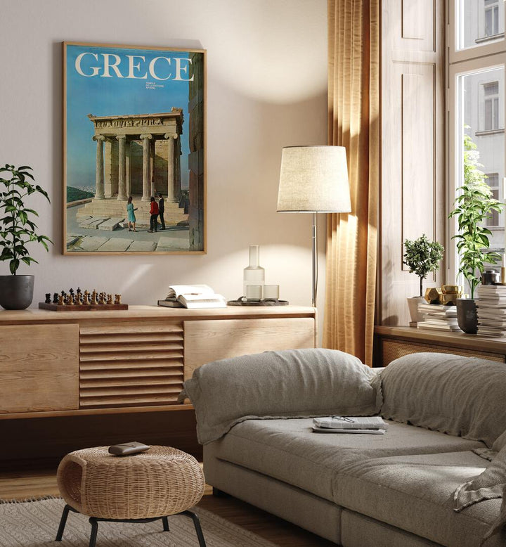 Greece Retro Art I  Vintage Travel Posters in Oak Wood Plain Frame placed on a wall behind a console table