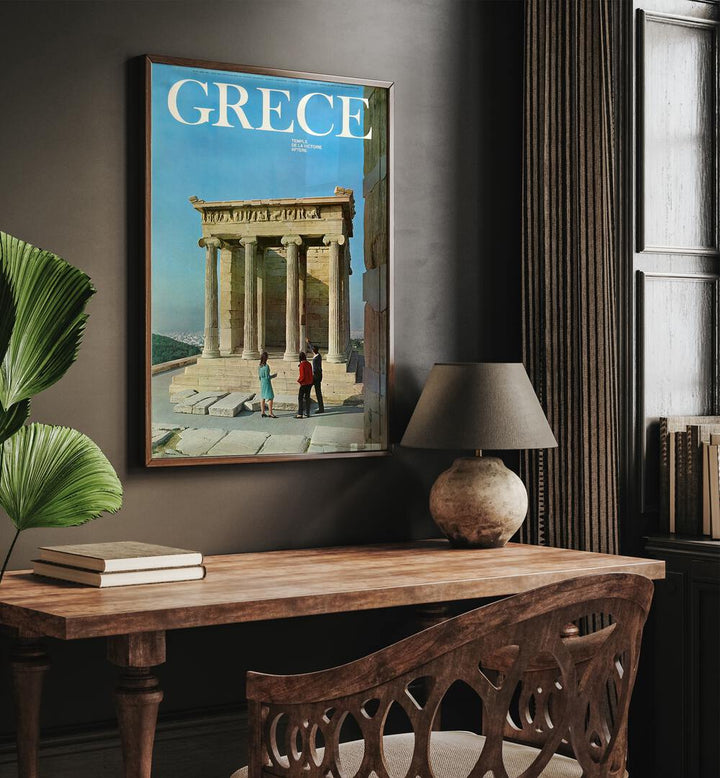 Greece Retro Art I  Vintage Travel Posters in Oak Wood Plain Frame placed on a wall behind a study table