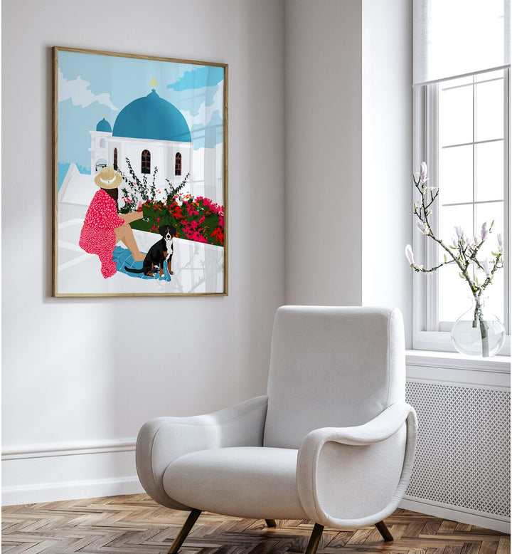 Greek Staycation By Uma Gokhale Women Illustration Paintings in Oak Wood Plain Frame on a white wall beside a sofa