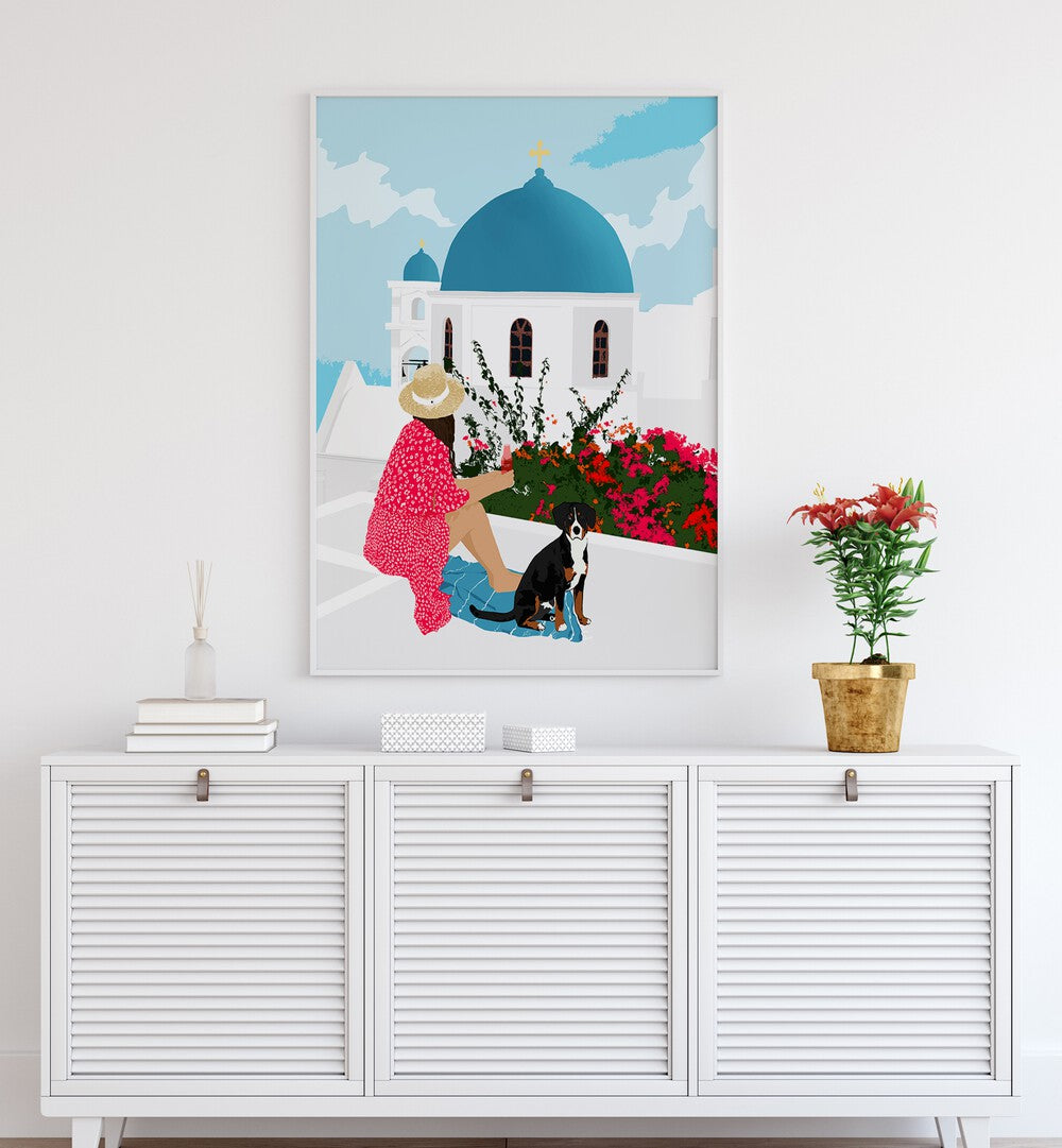 Greek Staycation By Uma Gokhale Women Illustration Paintings in White Plain Frame above a white console table on a wall