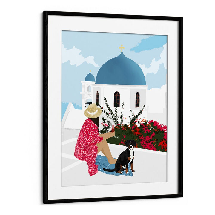 Greek Staycation By Uma Gokhale Women Illustration Paintings in Black Frame With Mount