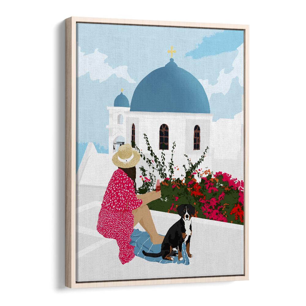 Greek Staycation By Uma Gokhale Women Illustration Paintings in Oak Wood Floater Frame