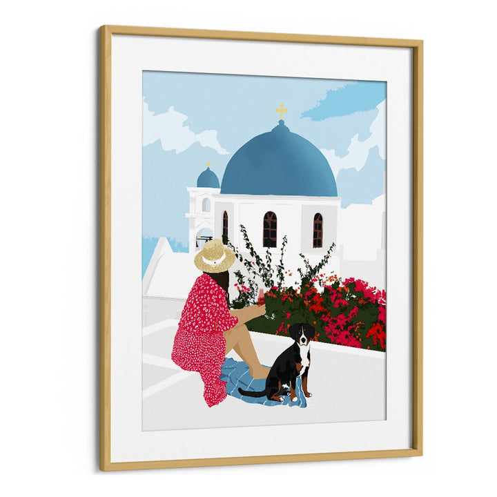 Greek Staycation By Uma Gokhale Women Illustration Paintings in Oak Wood Frame With Mount