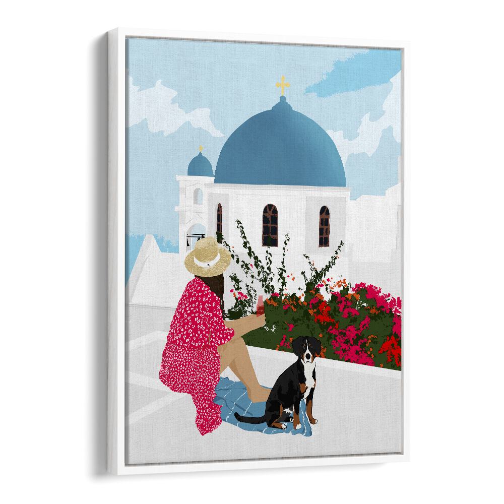 Greek Staycation By Uma Gokhale Women Illustration Paintings in White Floater Frame