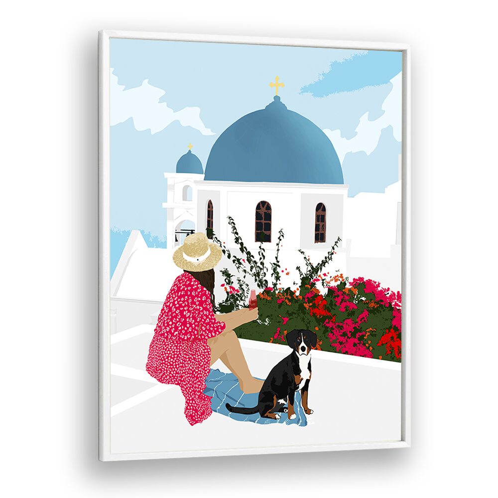 Greek Staycation By Uma Gokhale Women Illustration Paintings in White Plain Frame