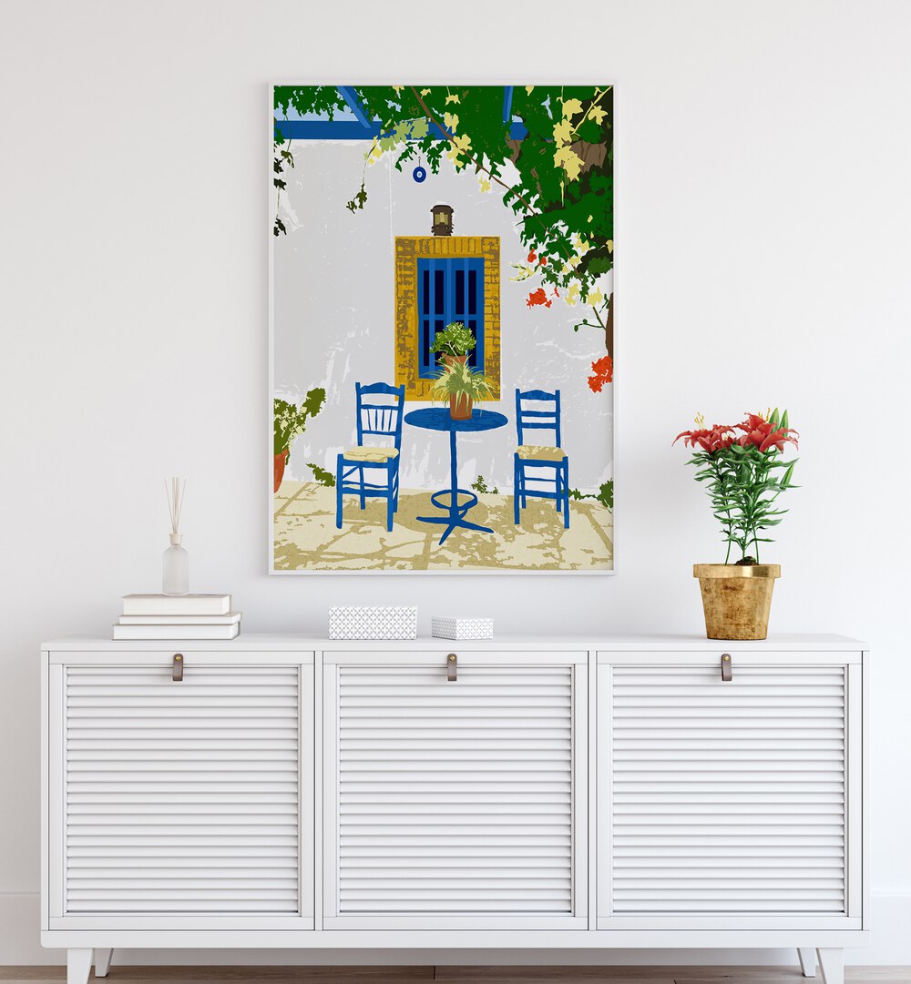 Greek Vacay For Two By Uma Gokhale Travel Poster in White Plain Frame above a white console table on a wall