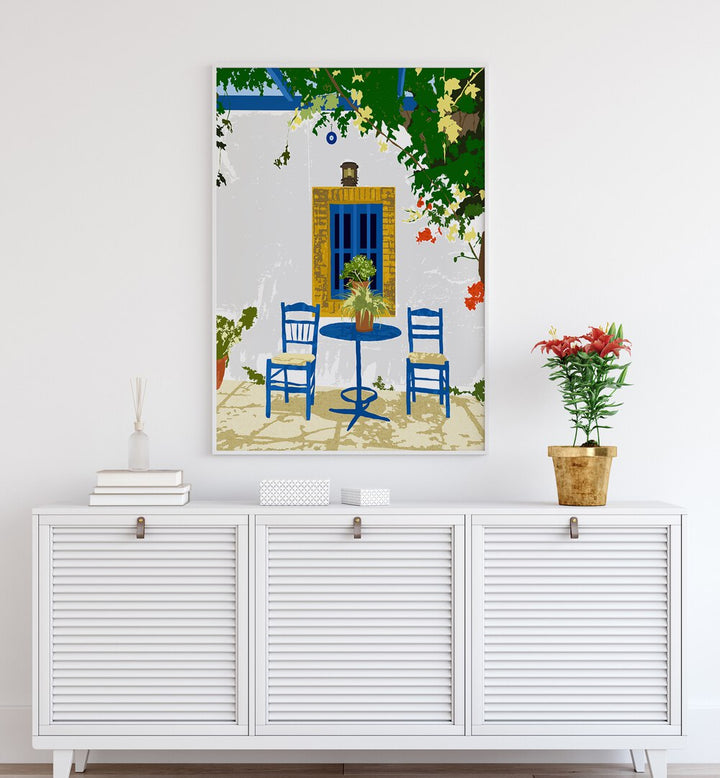 Greek Vacay For Two By Uma Gokhale Travel Poster in White Plain Frame above a white console table on a wall