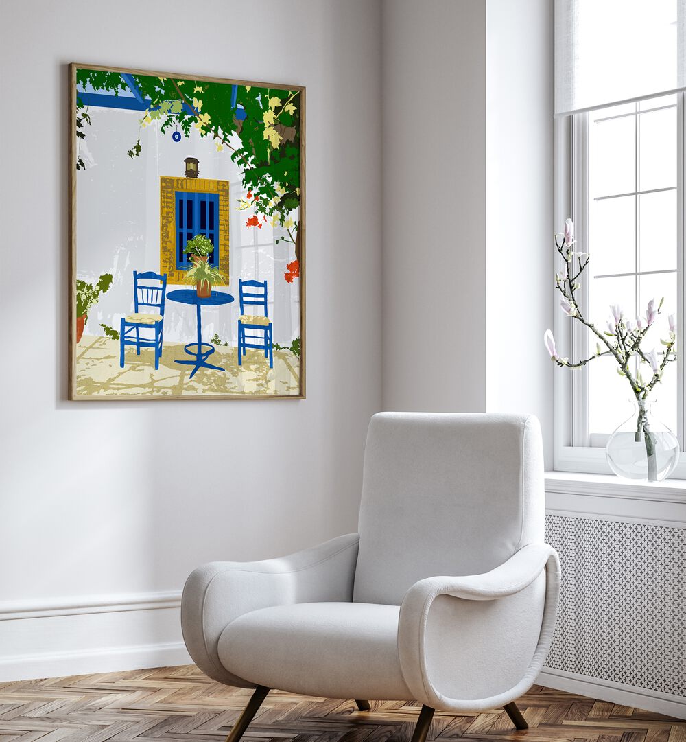 Greek Vacay For Two By Uma Gokhale Travel Poster in Oak Wood Plain Frame beside a sofa on a white wall