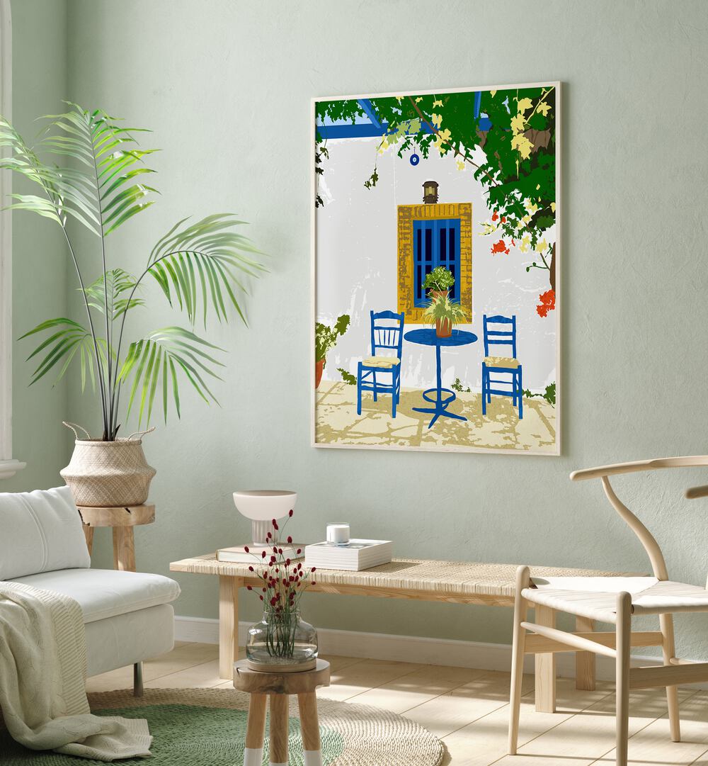 Greek Vacay For Two By Uma Gokhale Travel Poster in Oak Wood Plain Frame on a green wall beside a plant