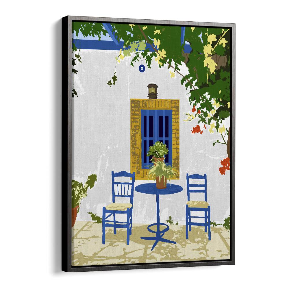 Greek Vacay For Two By Uma Gokhale Travel Poster in Black Floater Frame