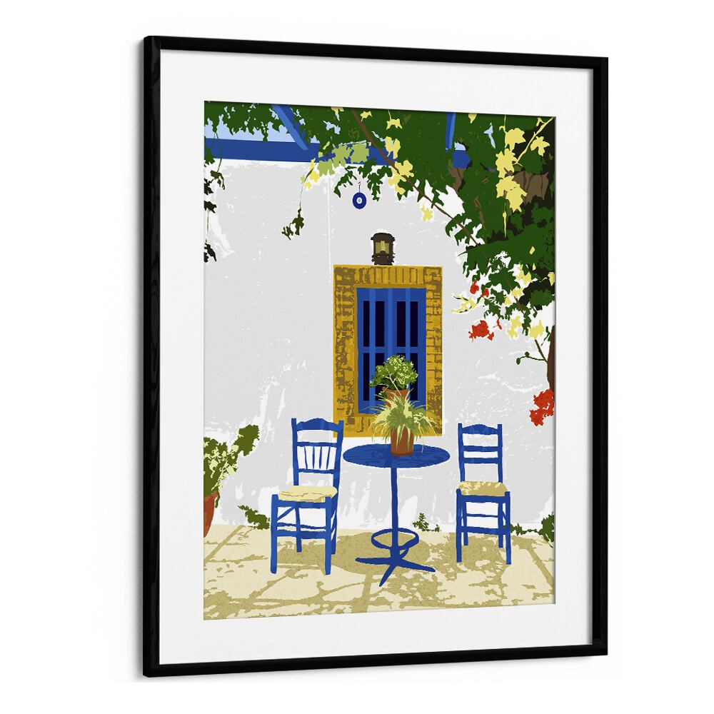 Greek Vacay For Two By Uma Gokhale Travel Poster in Black Frame With Mount