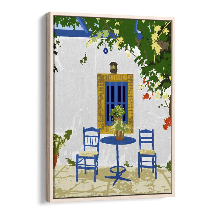 Greek Vacay For Two By Uma Gokhale Travel Poster in Oak Wood Floater Frame