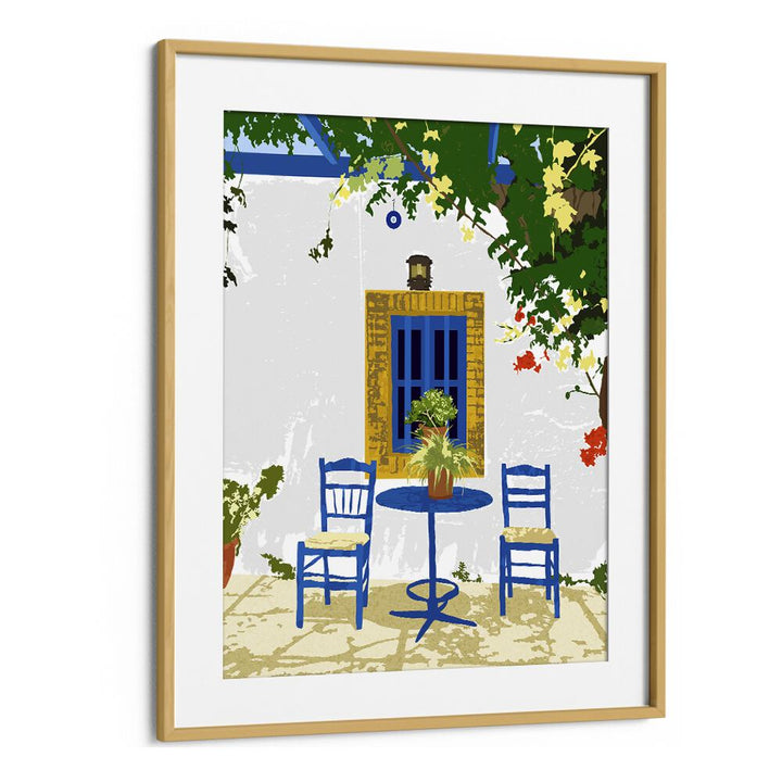 Greek Vacay For Two By Uma Gokhale Travel Poster in Oak Wood Frame With Mount