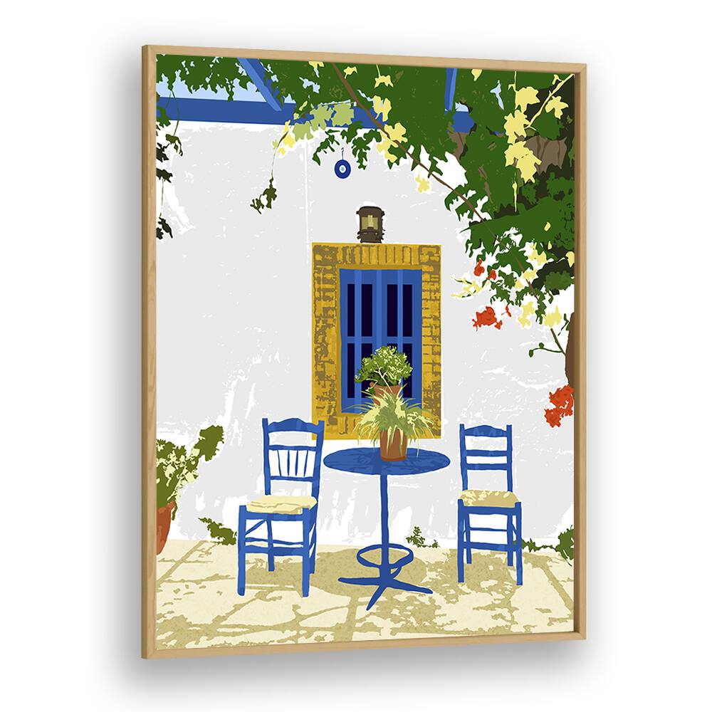 Greek Vacay For Two By Uma Gokhale Travel Poster in Oak Wood Plain Frame