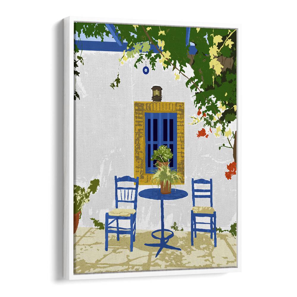 Greek Vacay For Two By Uma Gokhale Travel Poster in White Floater Frame