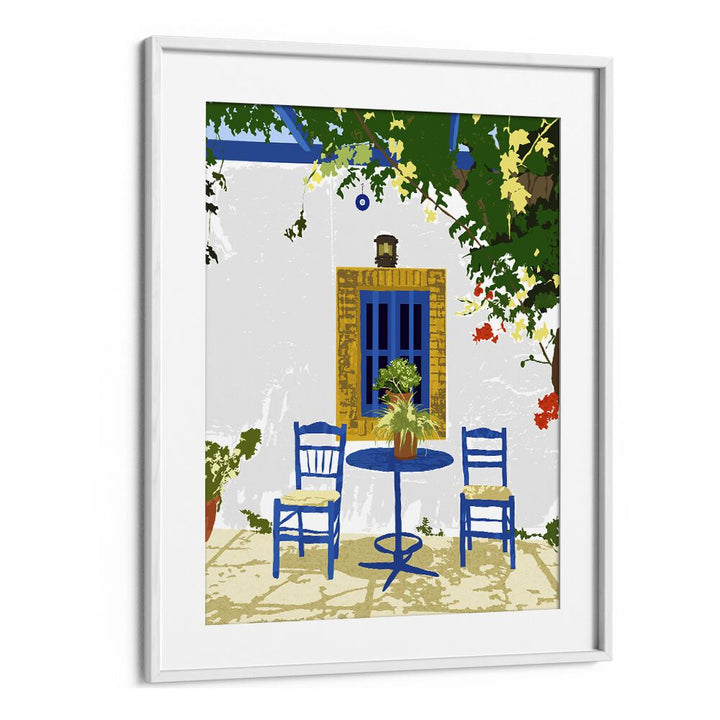 Greek Vacay For Two By Uma Gokhale Travel Poster in White Frame With Mount