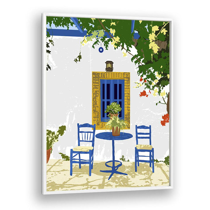 Greek Vacay For Two By Uma Gokhale Travel Poster in White Plain Frame