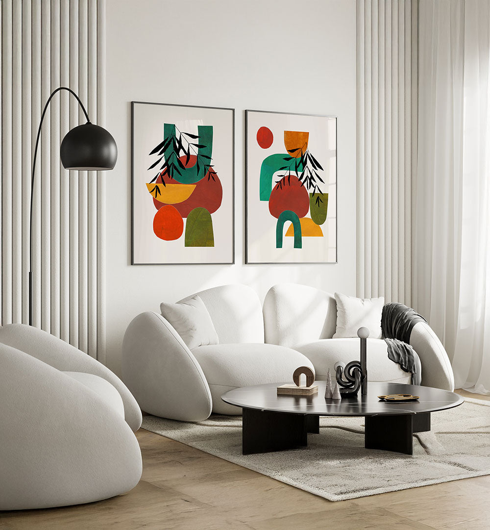 Modern living room with white sofa, abstract art, and a black floor lamp.