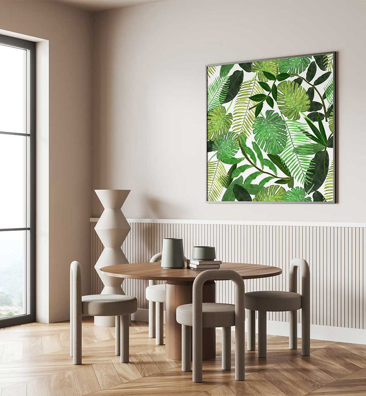 GREEN TROPICAL WATERCULAR LEAVES , FLORAL FLOWER PAINTINGS layered palm and monstera watercolor botanical wall art